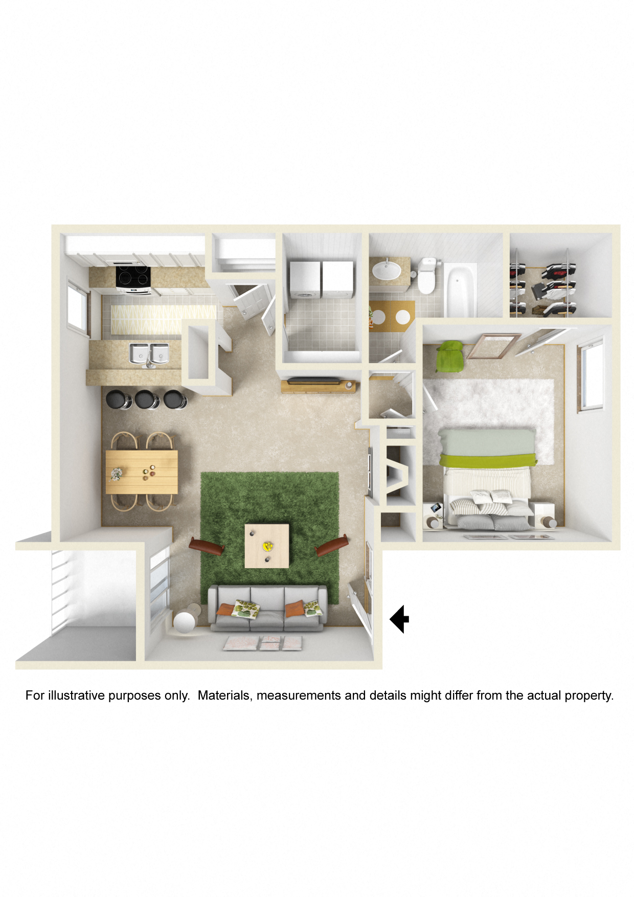 Floor plan for 1 bed, 1 bath, 700 sqft